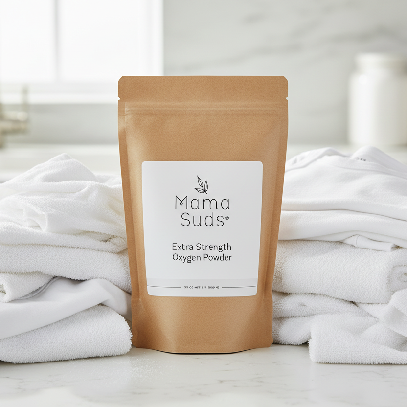 Mama Suds Extra Strength Oxygen Powder package with white towels in the background