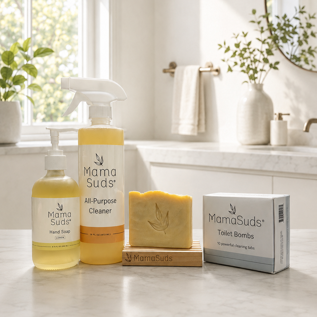 Mama Suds bathroom cleaning and care products arranged on a light marble countertop in a bright bathroom setting. The products include a hand soap bottle, an all-purpose cleaner spray bottle, a bar of soap, and a box of toilet bombs.