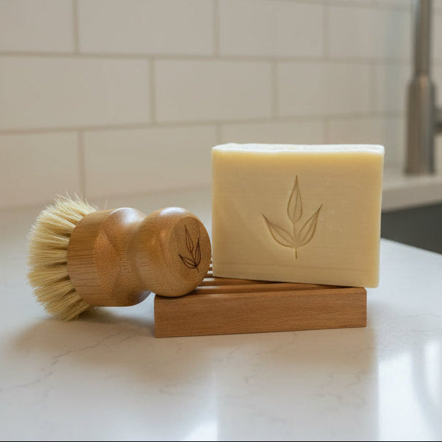 Bar of soap with a wooden brush on a kitchen counter