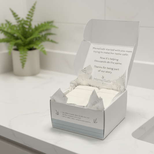 Box of MamaSuds toilet bombs on a bathroom counter with a blurred green plant in the background.