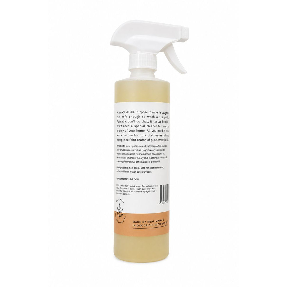 A bottle of All Purpose Cleaner with a white spray trigger top and a clear plastic bottle showing the light beige liquid inside, with the back label facing the camera on a white background.