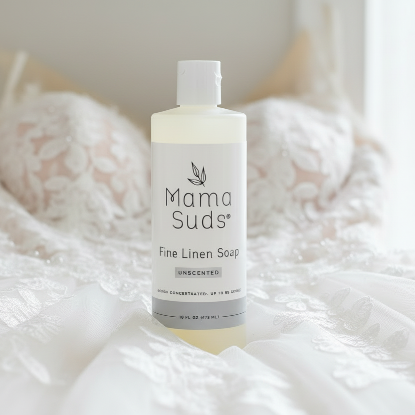 MamaSuds Fine Linen Soap on a wedding dress