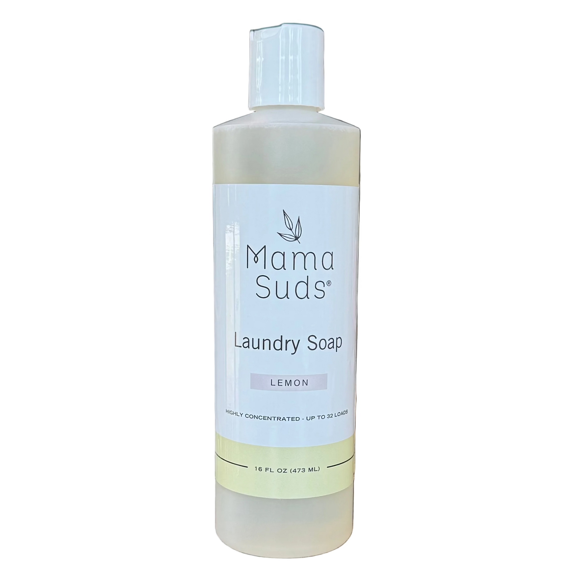Mama Suds laundry soap bottle with a white background