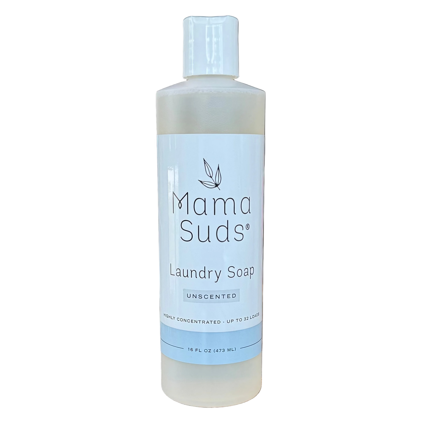Mama Suds laundry soap bottle with a white background