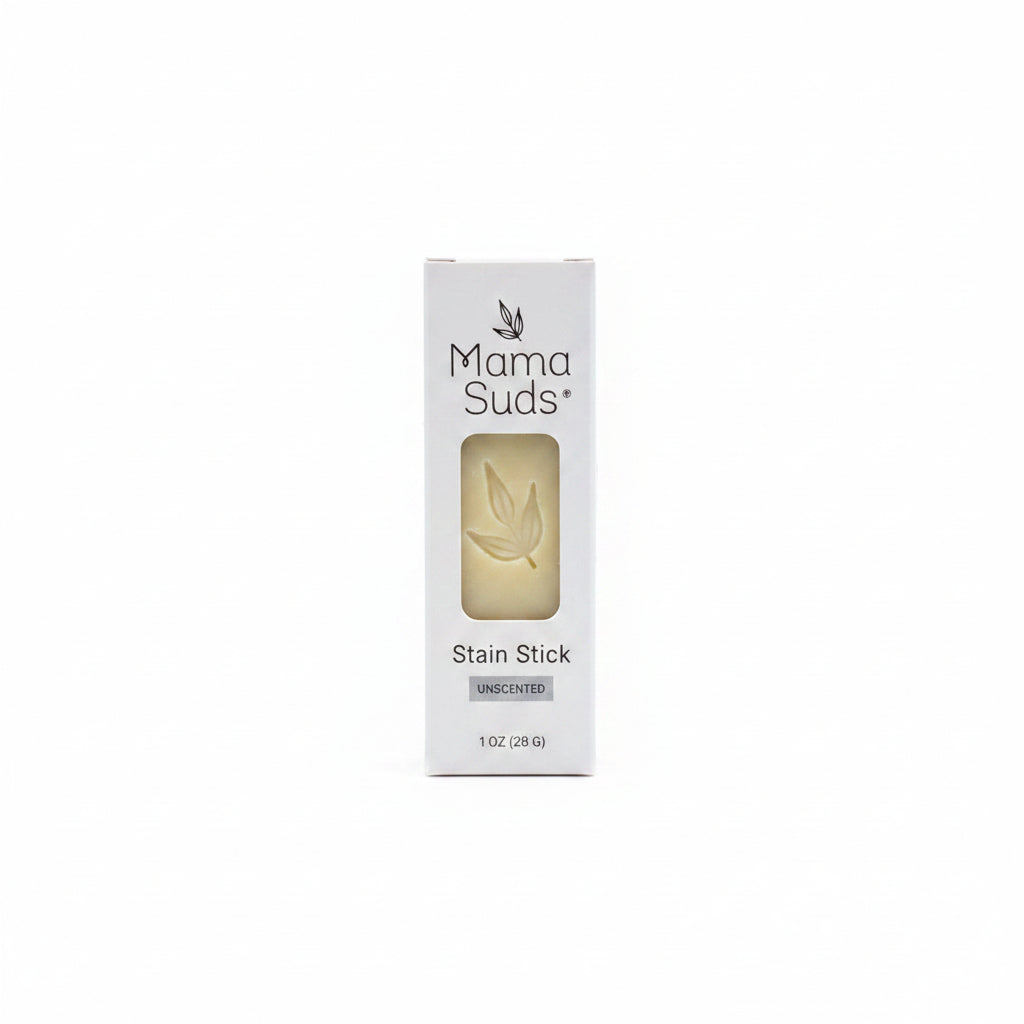 Stain stick bar and packaging with 'Mama Suds' branding on a white background.