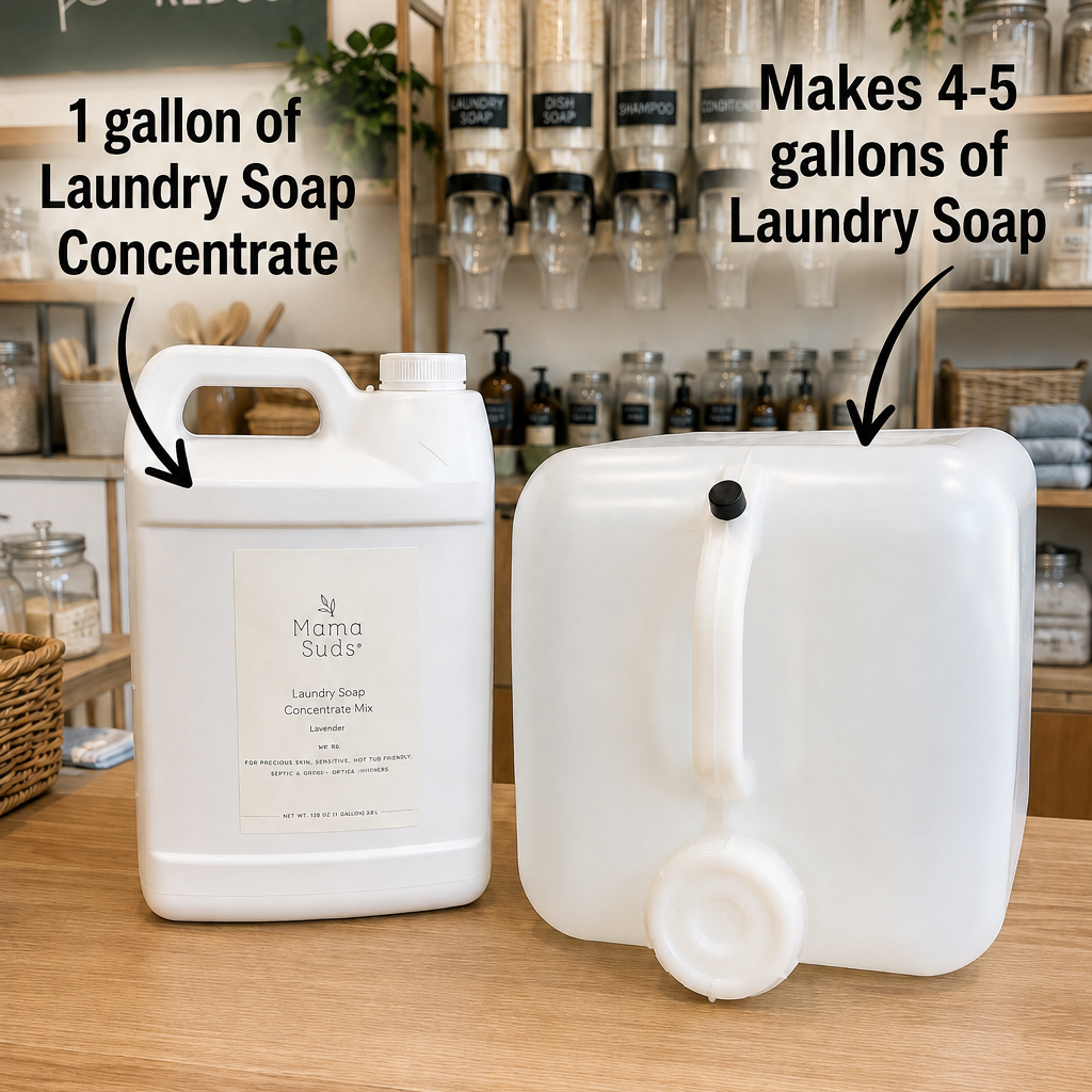 Two white plastic jugs for laundry soap concentrate displayed on a wooden counter in a shop setting, with text overlays explaining the conversion ratio: '1 gallon of Laundry Soap Concentrate' and 'Makes 4-5 gallons of Laundry Soap'.