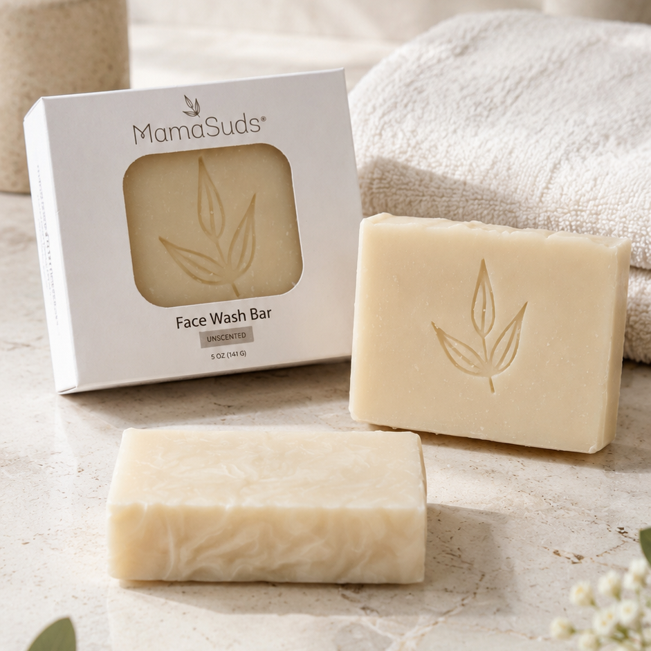 MamaSuds Face Wash Bar shown with its white box packaging and two cream-colored bars, styled on a marble surface with a folded towel, soap dispenser, and small flowers.