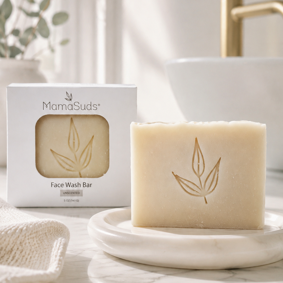 A bar of MamaSuds Face Wash Bar soap sits on a white dish in a bathroom setting, with its white retail box visible behind it on a marble countertop.