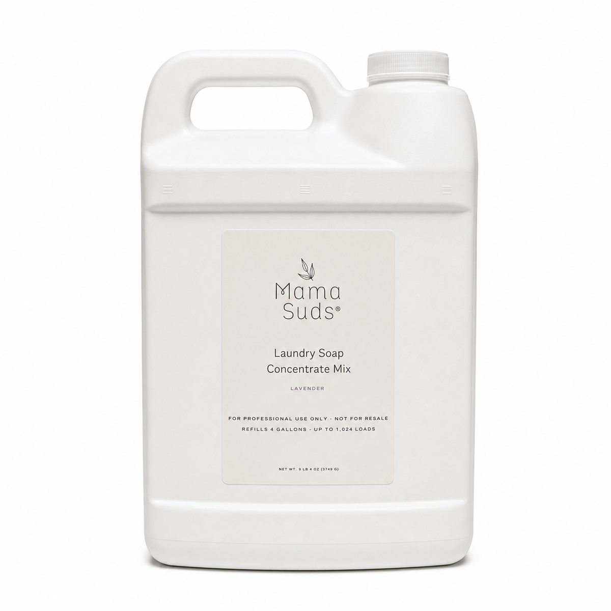 A large white plastic jug of Mama Suds Laundry Soap Concentrate Mix in lavender, featuring a clean white label with black text, set against a plain white background.