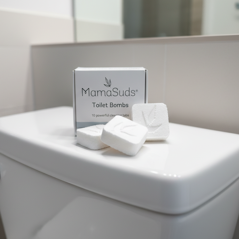 MamaSuds Toilet Bombs packaging with three bombs on a toilet tank.