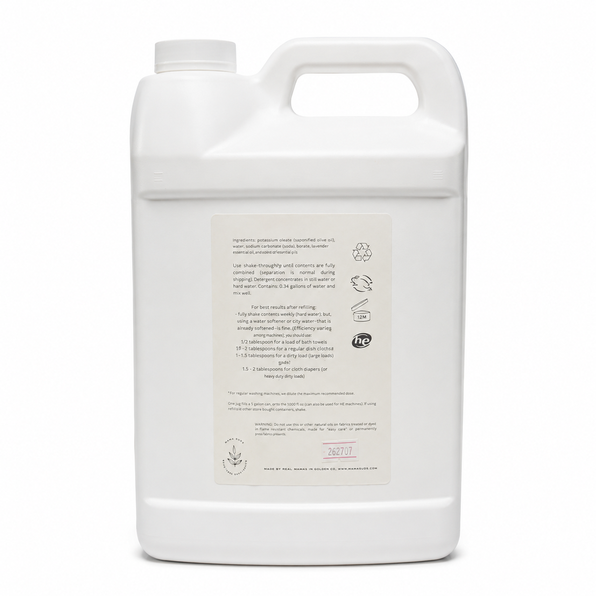 A large white plastic jug with a handle and a rectangular product label on the front, photographed against a plain white background.
