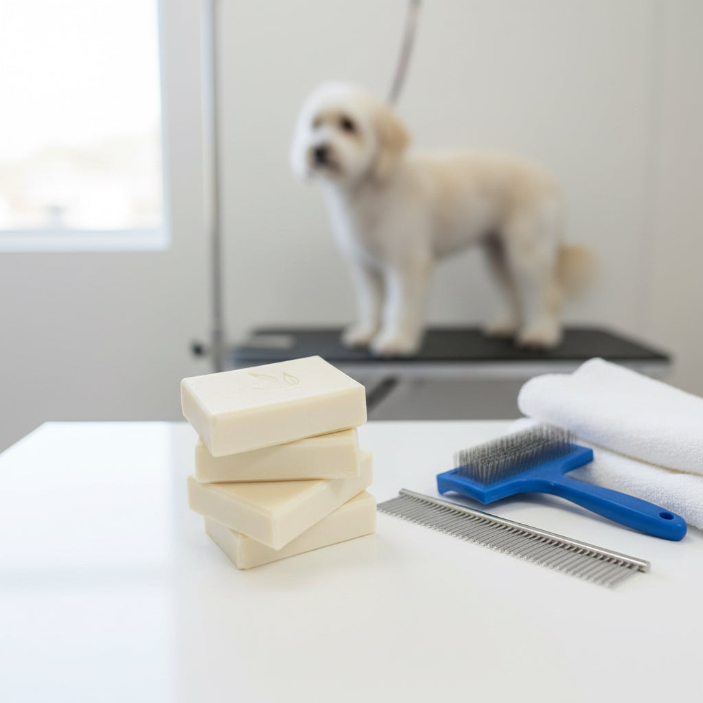 Four MamaSuds face wash bars stacked on each other on a white background.