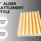Wooden battlement style panel with text on a gray background