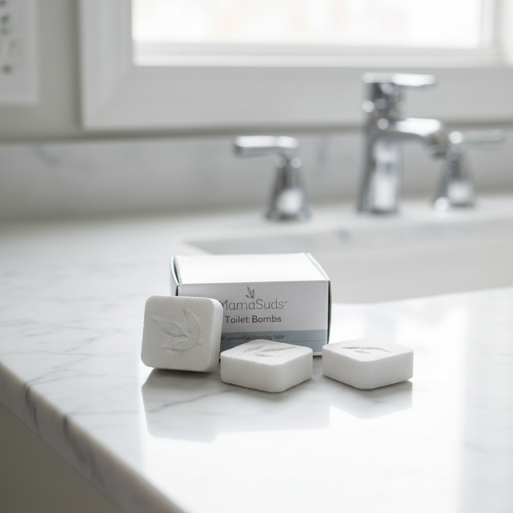 MamaSuds Toilet Bombs packaging with three bombs on a bathroom counter surface