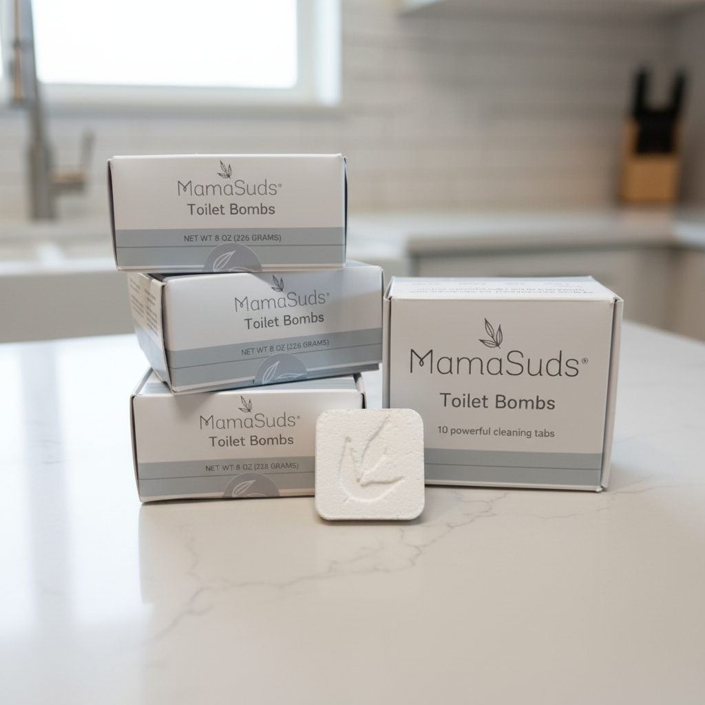 MamaSuds Toilet Bombs packaging on and tab on a kitchen counter.