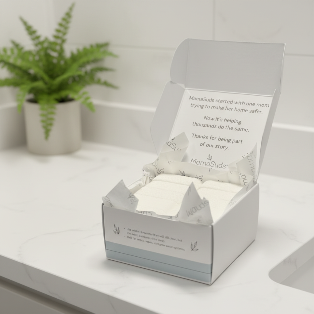 Box of MamaSuds toilet bombs on a bathroom counter with a blurred green plant in the background.
